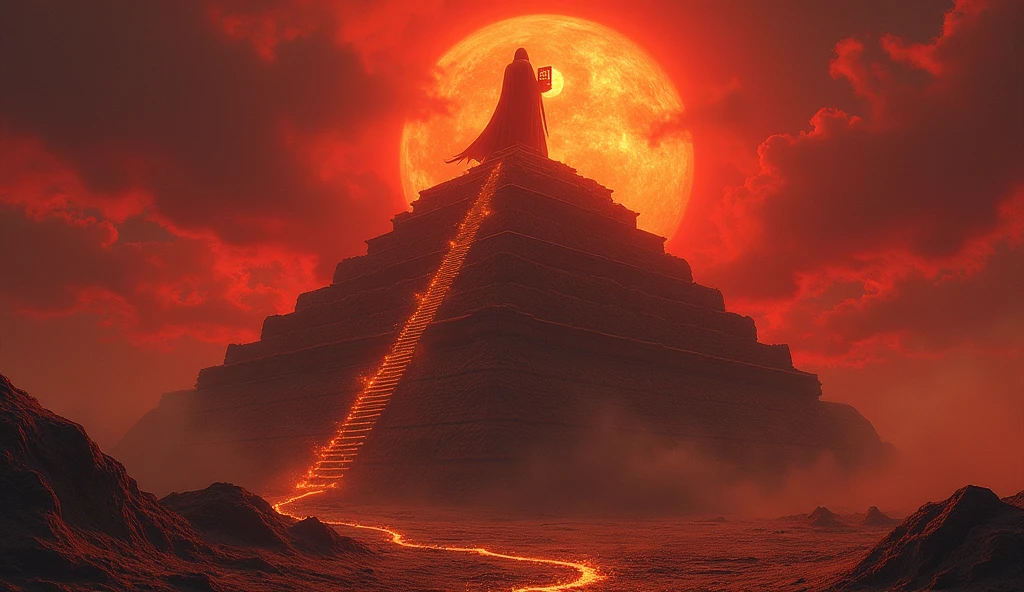 Rüyada mezar görmek: Kan kırmızı gökyüzü altında bir ziggurat, çatlamış topraktan çıkan iskeletimsi kökler mezar benzeri bir yapı oluşturuyor. Mezar hayaletimsi ışıkla parlıyor, gölgeli ve alevli Nergal çivi yazısı tableti tutuyor, tozlu rüzgarlar spektral fısıltılar taşıyor.