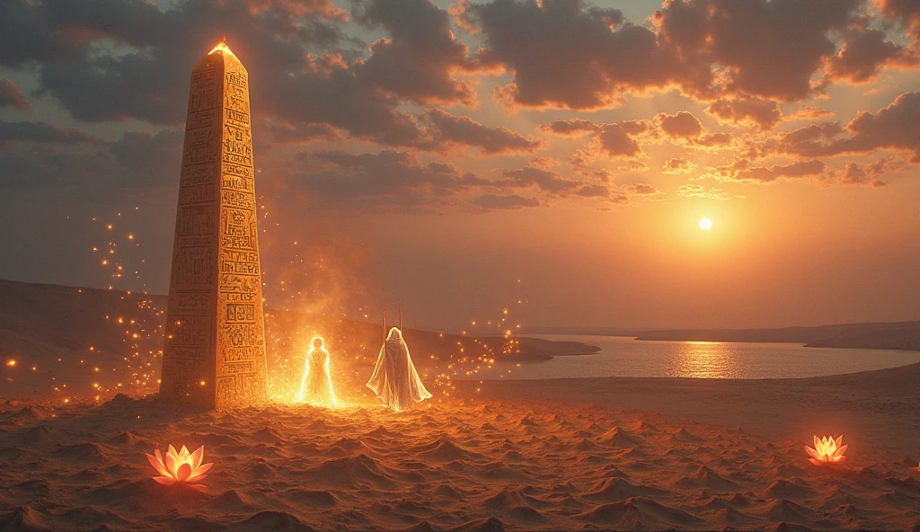 Rüyada kavga etmek: Alacakaranlık çöldeki parlayan bir obelisk, altın hiyerogliflerle nabız atıyor. Seth benzeri alevli ve Horus benzeri ışıklı iki etereal figür, kum ve kıvılcımlar içinde çarpışıyor. Kumda lotus çiçekleri parlıyor, Nil arka planda ışıldıyor.