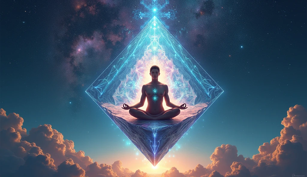 Rüyada Elmas Görmek: Kozmik boşlukta meditasyon yapan kişi ve elmas prizma
